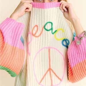 Davi & Dani Sz Small multicolor striped peace sign balloon sleeve sweater